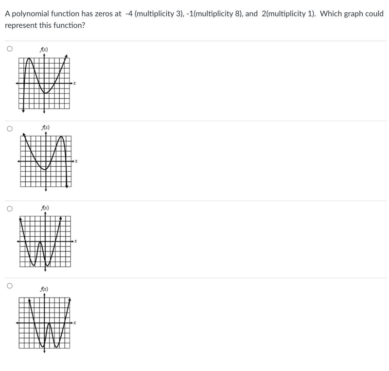 A polynomial function has zeros at -4 (multiplicity 3), -1(multiplicity 8), and 2(multiplicity-example-1