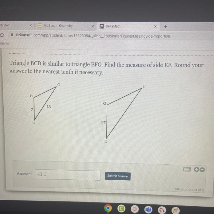 Triangle BCD is similar to triangle EFG. Find the measure of side EF. Round your answer-example-1