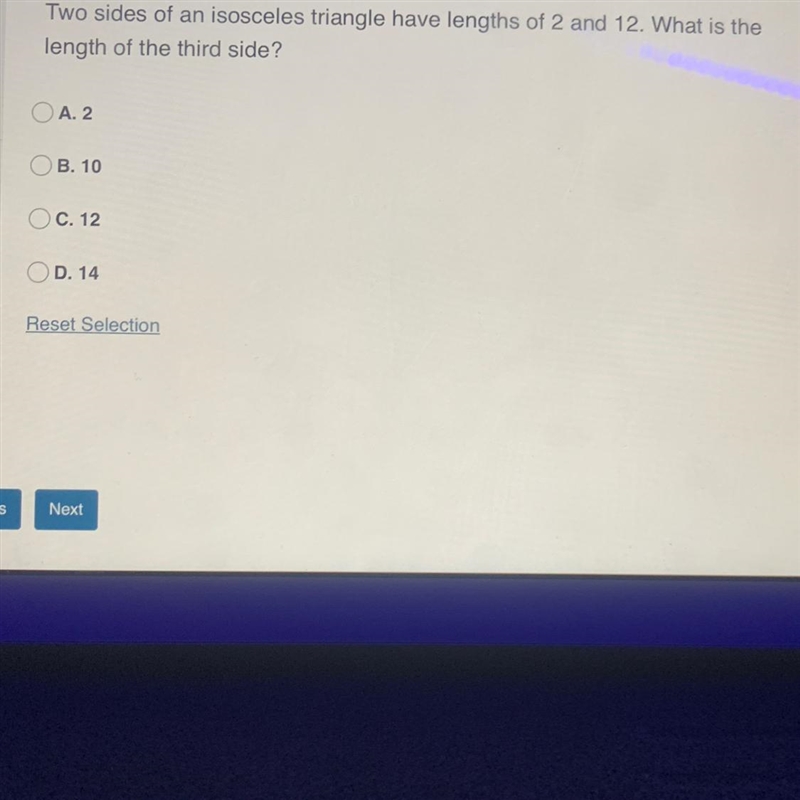 Two sides of an isosceles triangle have lengths of 2 and 12 . What is the length of-example-1