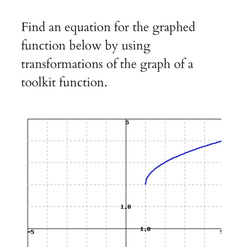 Find an equation for the graphed function below by using transformations of the grade-example-1