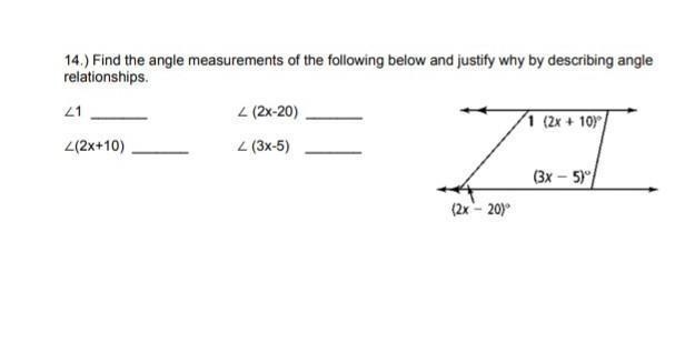 find the angle measurements of the following below and justify why by describing angle-example-1