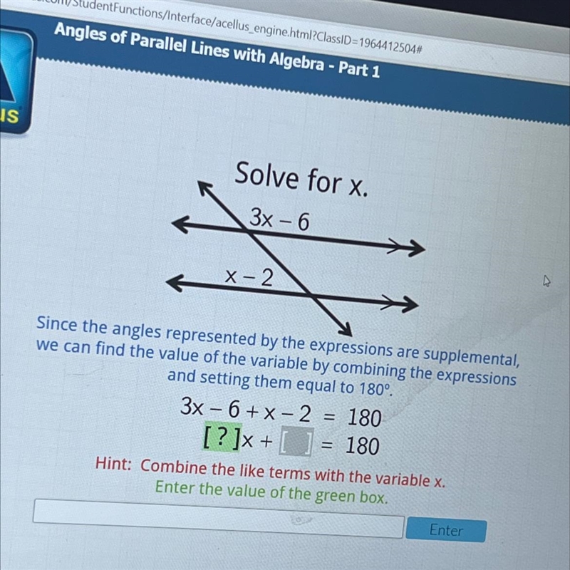 Solve for x.3x – 6AX-2Since the angles represented by the expressions are supplemental-example-1