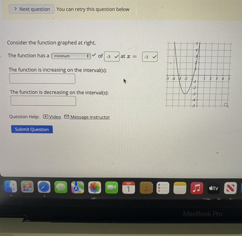 Consider the function graphed at right. The function has a minimum of -3 ✓✔at x = The-example-1