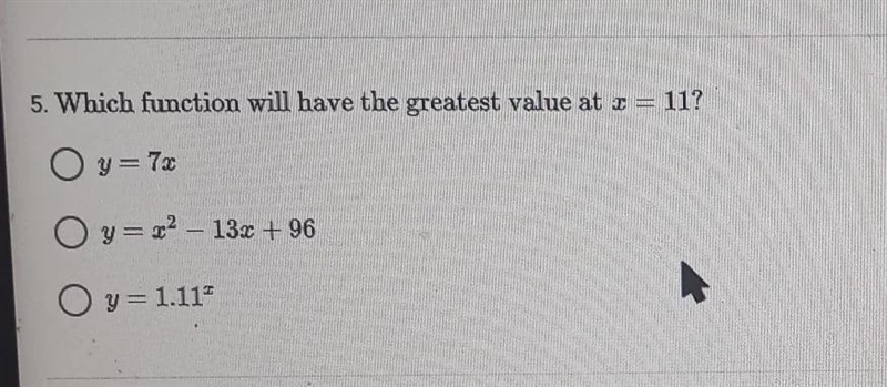 Which function will have the greatest value at x equals 11 ?-example-1