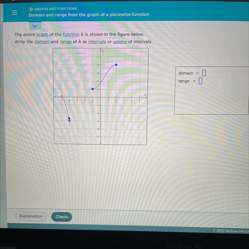 O GRAPHS AND FUNCTIONSDomain and range from the graph of a piecewise function-example-1