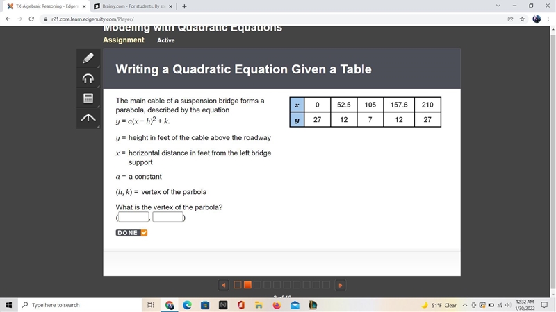 The main cable of a suspension bridge forms a parabola, described by the equation-example-1