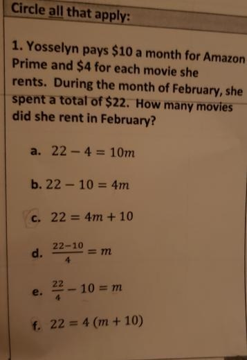 Circle all that apply: Explain your choice(s): 1. Yosselyn pays $10 a month for Amazon-example-1