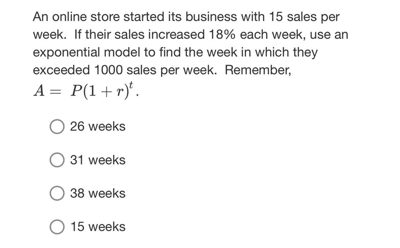 An online store started its business with 15 sales per week. If their sales increased-example-1