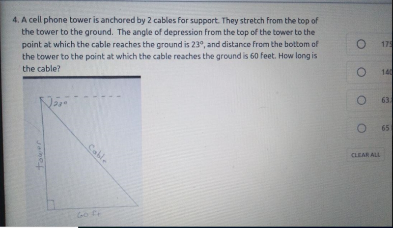 4. A cell phone tower is anchored by 2 cables for support. They stretch from the top-example-1