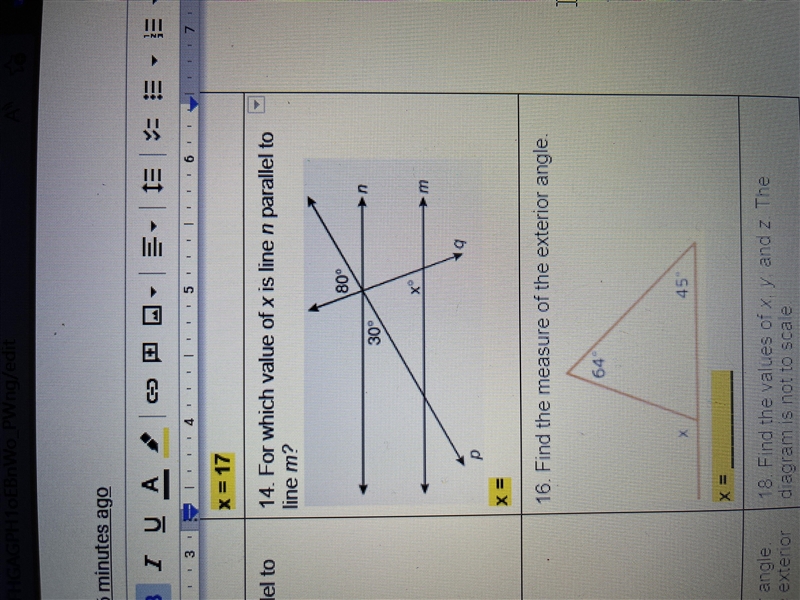 HELP THANK YOU VERY MUCH For which value of x is line N parallel to line M?-example-1