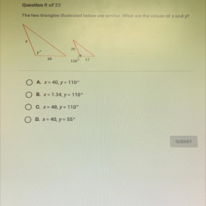 The two triangles illustrated below are similar. What are the values of x and y?xх-example-1