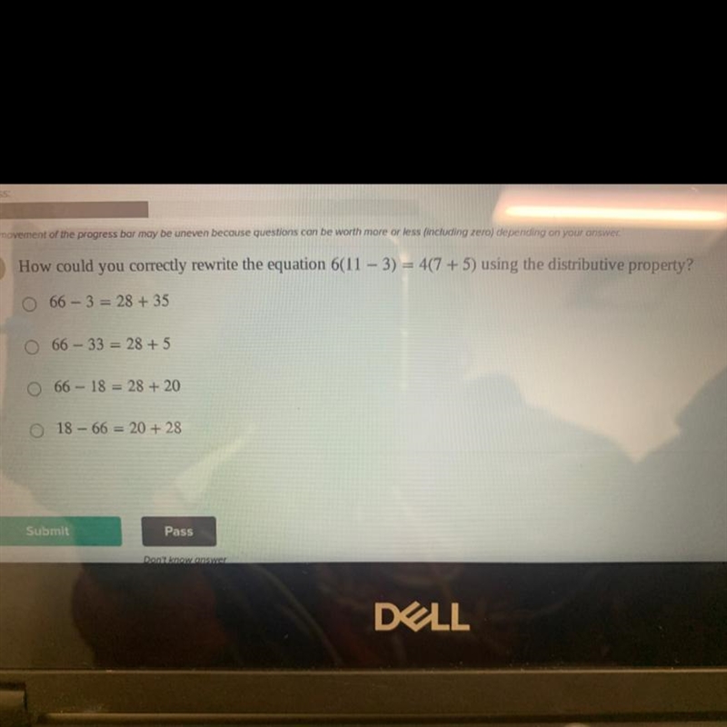 How could you correctly rewrite the equation 6(11 - 3) = 4(7 + 5) using the distributive-example-1