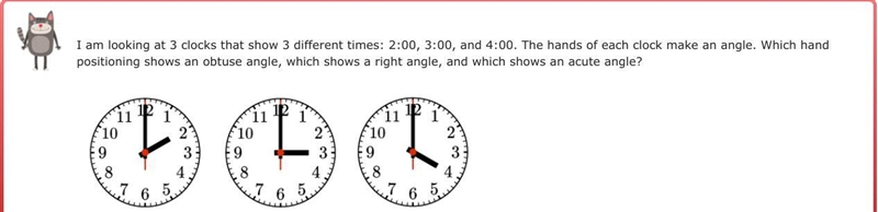 I am looking at 3 clocks that show 3 different times: 2:00, 3:00, and 4:00. The hands-example-1