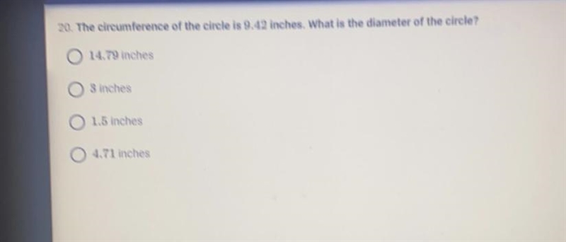 The circumference of the circle is 9.42 inches, What is the diameter of the circle-example-1