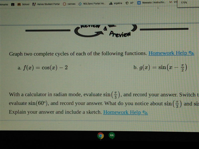 Graph two complete cycles of each of the following functions. a. f(x) = cos(x) – 2 b-example-1