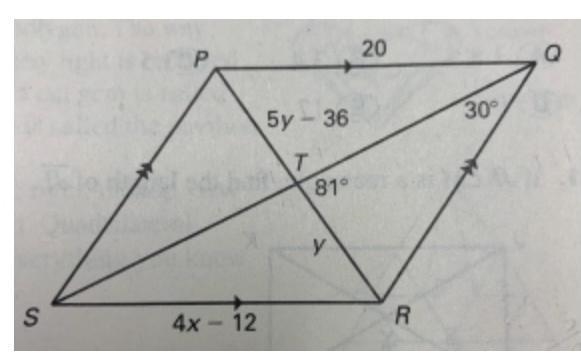 Find angle SPT, angle PQT, angle, value of PR, value of X,-example-1