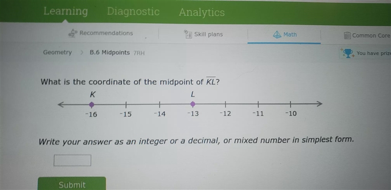 what is the coordinate of the midpoint of KL write your answer as an integer or a-example-1