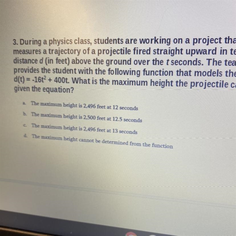 3. During a physics class, students are working on a project thatmeasures a trajectory-example-1