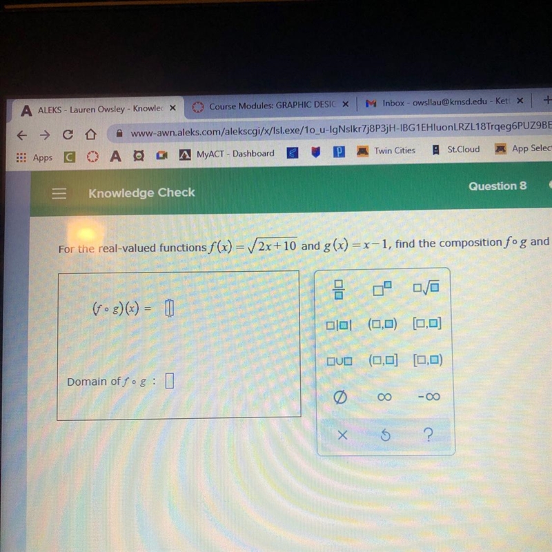 For the real-valued functions f(x) = 2x+10 and g(x) = x-1, find the composition f-example-1