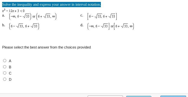 Solve the inequality and express your answer in interval notation. x^2-12x+3<0-example-1