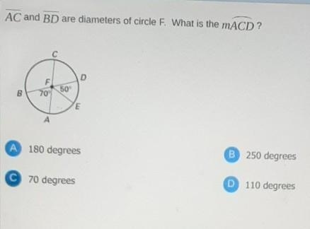 Line AC and line BD are diameters of circle F. What is the arc of angle ACD-example-1