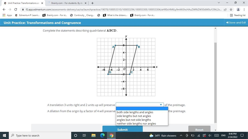 A translation 3 units right and 2 units up will preserve of the preimage.A dilation-example-1