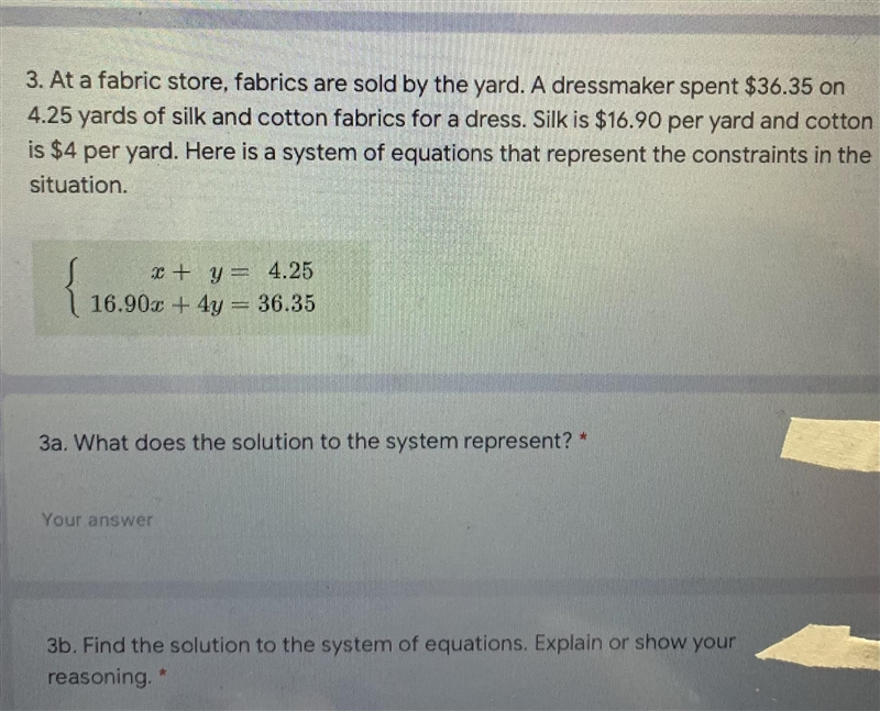 3. At a fabric store, fabrics are sold by the yard. A dressmaker spent $36.35 on4.25 yards-example-1