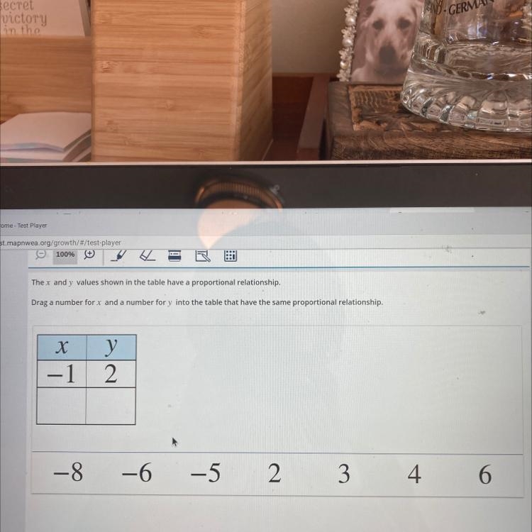 The x and y values shown in the table have a proportional relationship.Drag a number-example-1