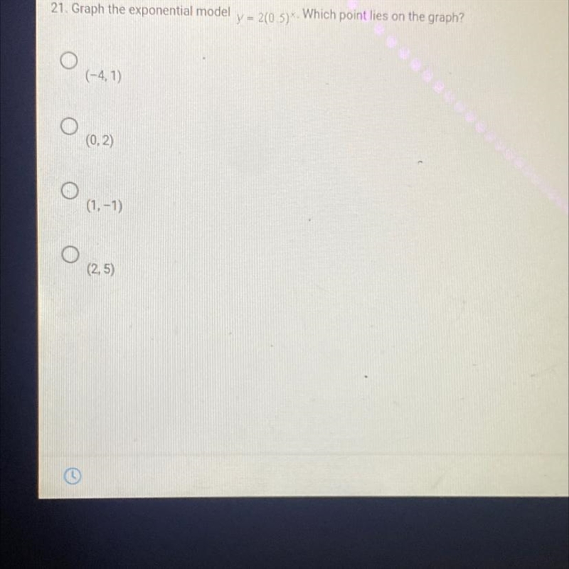 Graph the exponential model y = 2(0.5). Which point lies on the graph?-example-1