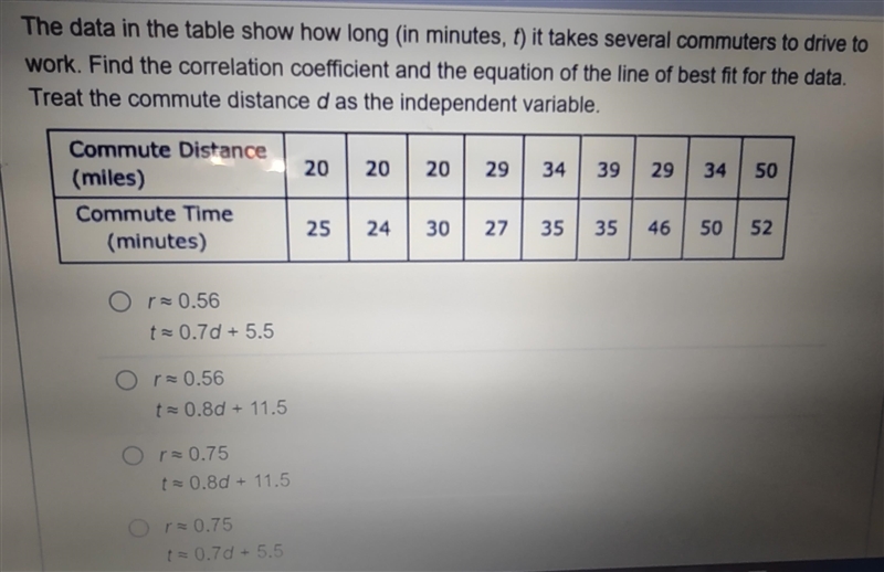 The data in the table show how long (in minutes, t) it takes several commuters to-example-1