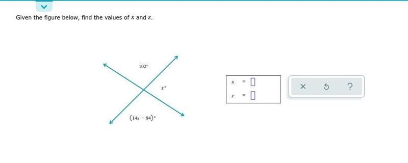 Pls help me Given the figure below, find the values of x and z.-example-1