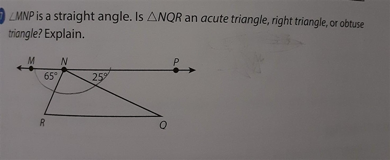 _NP is a straight angle. Is NQR an acute triangle, right triangle, or obtuse a triangle-example-1