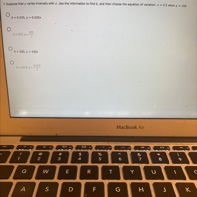 7. Suppose that y varies inversely with x. Use the information to find k, and then-example-1