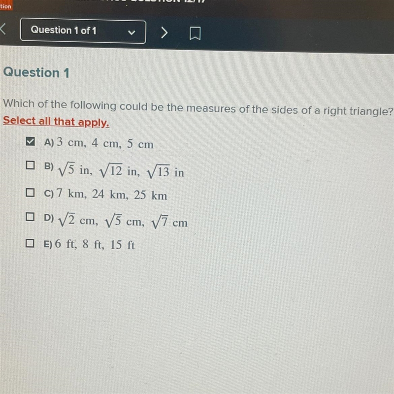 Which of the following could be the measures of the sides of a right triangle? Select-example-1