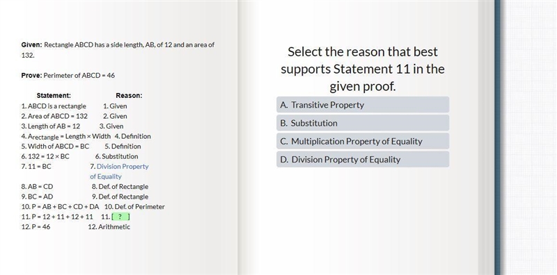 Select the reason that best supports Statement 11 in the given proof.-example-1