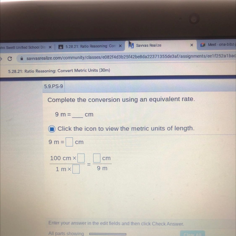 9 m =cmClick the icon to view the metric units of length.9 m =cm100 cm xcm1mx9 m-example-1