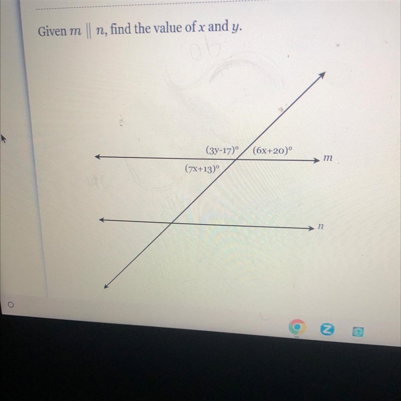 Given m || n, find the value of x and y. (3y-17) (6x+20)° (7x+13) n-example-1