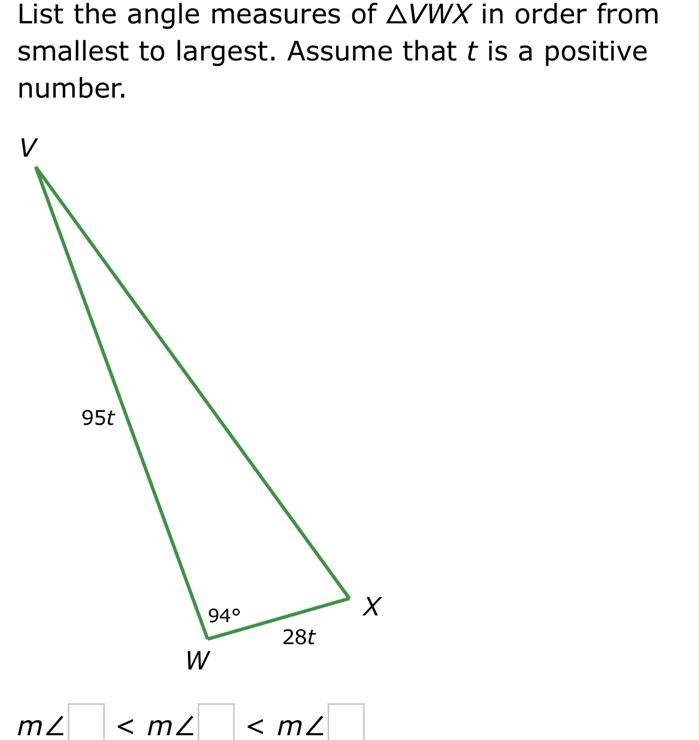 List the angle measures of △VWX in order from smallest to largest. Assume that t is-example-1