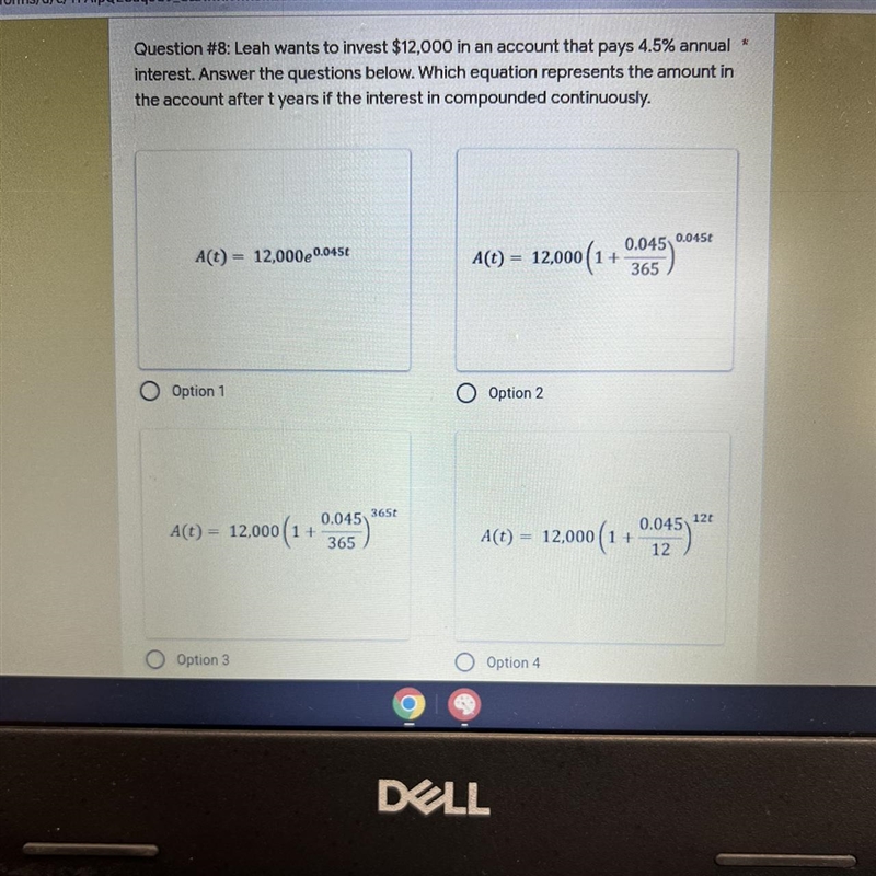 Leah wants to invest $12,000 in an account that pays 4.5% annual *interest. Answer-example-1