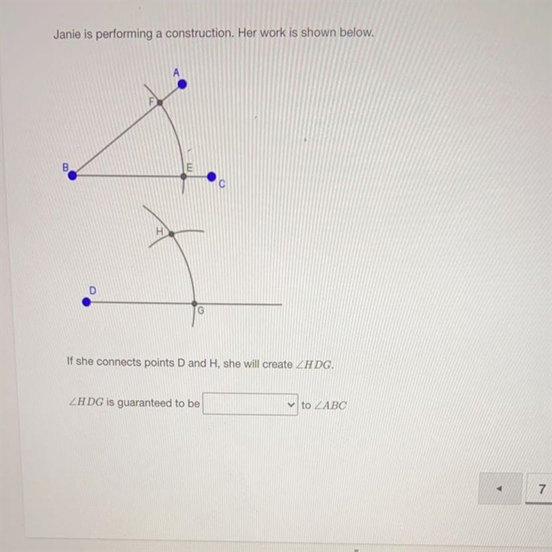 Janie is performing a construction. Her work is shown below.If she connects points-example-1