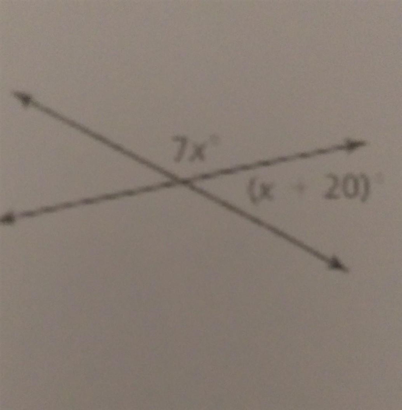 I am having trouble answering this question.Solve for x.Angles are 7x and x+20.-example-1