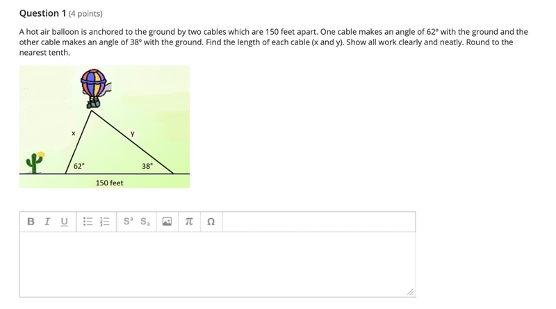 A hot air balloon is anchored to the ground by two cables which are 150 feet apart-example-1