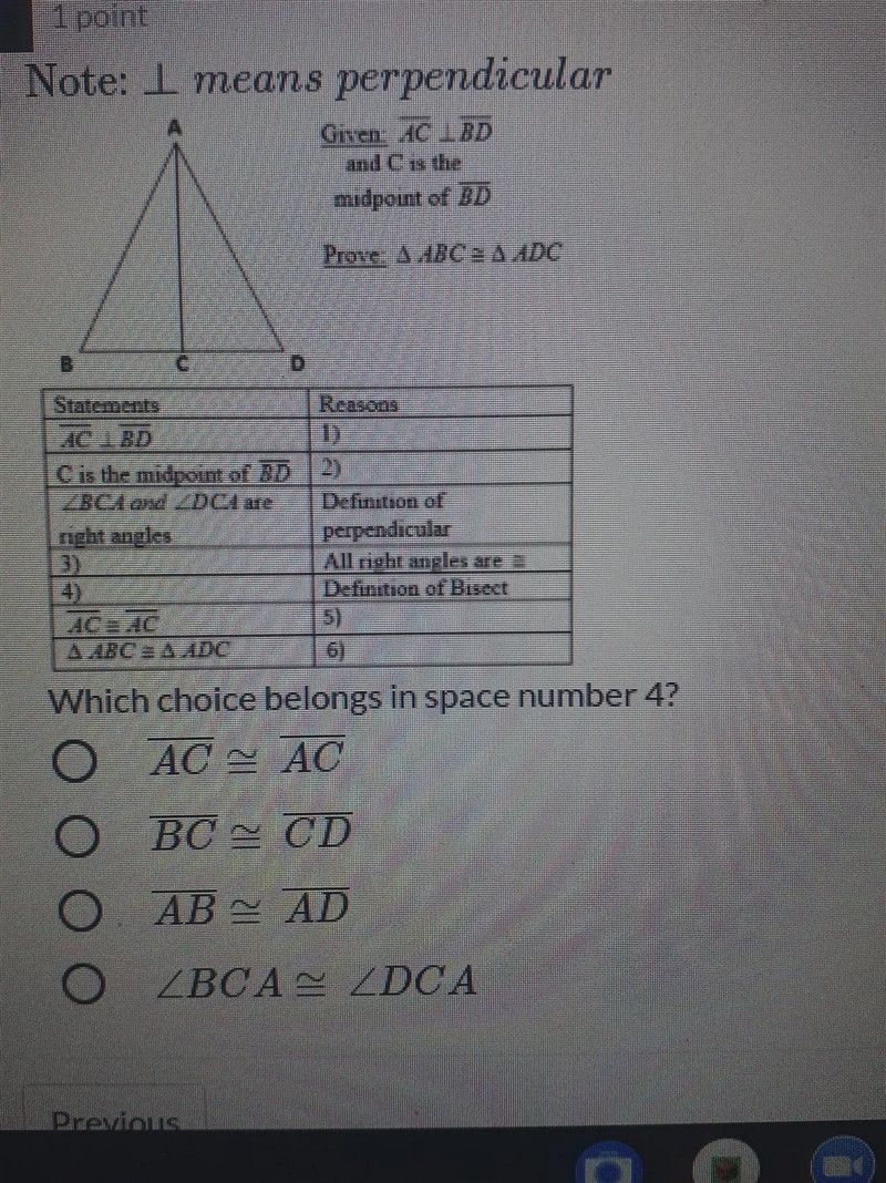 13 1 point Note: I means perpendicular Giren AC LBD midpoint of BD 1 Prane: 1 ABC-example-1