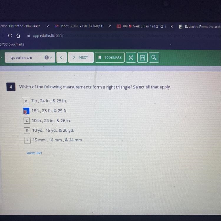 Which of the following measurements form a right triangle? Select all that apply.-example-1