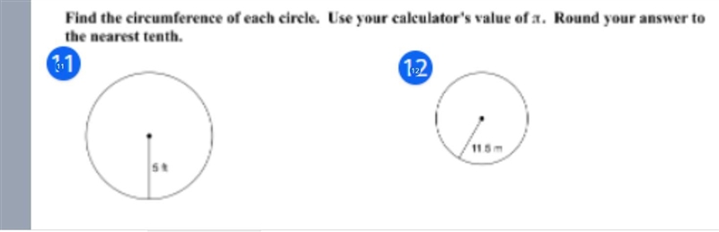 Find the circumference of each circle, use your calculators value of pi. Round your-example-1