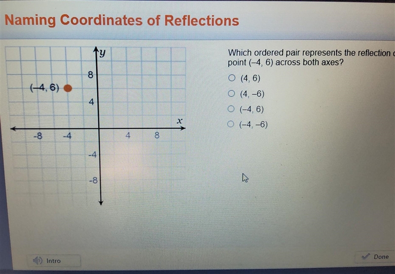 Which ordered pair represents the reflection of the point (-4, 6) across both axes-example-1