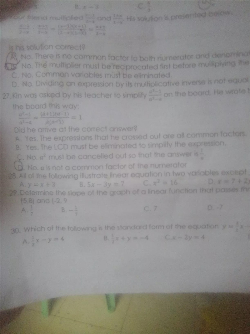 All of the following illustrate lineear equation in two variables except______.-example-1