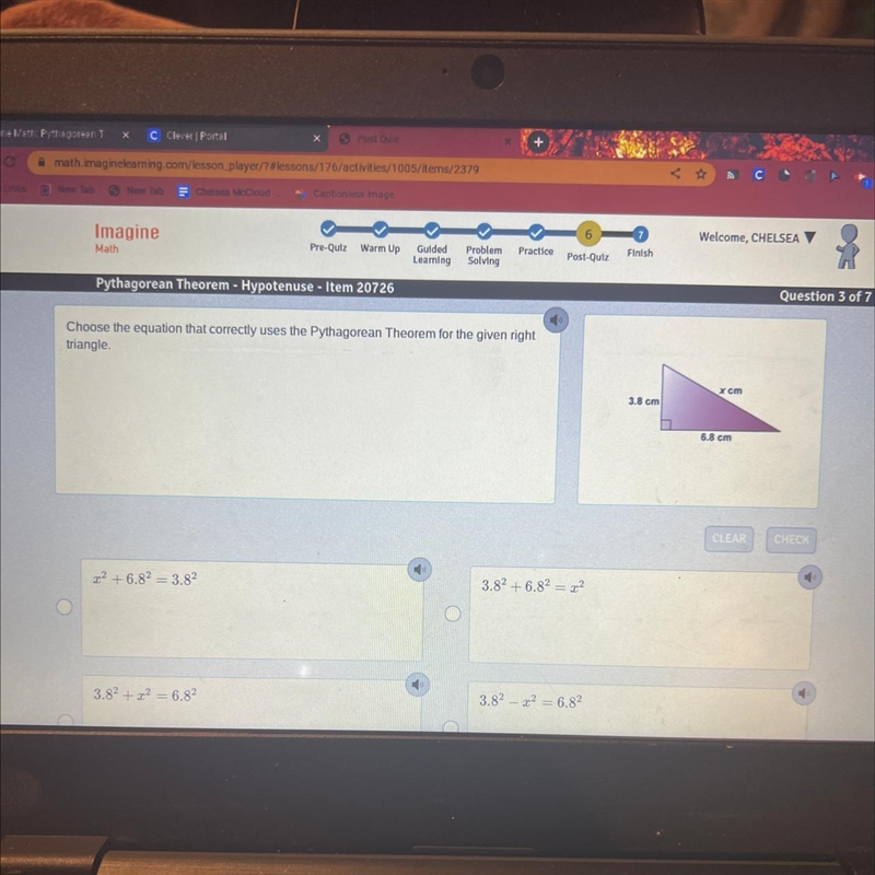 Choose the equation that correctly uses the Pythagorean Theorem for the given right-example-1