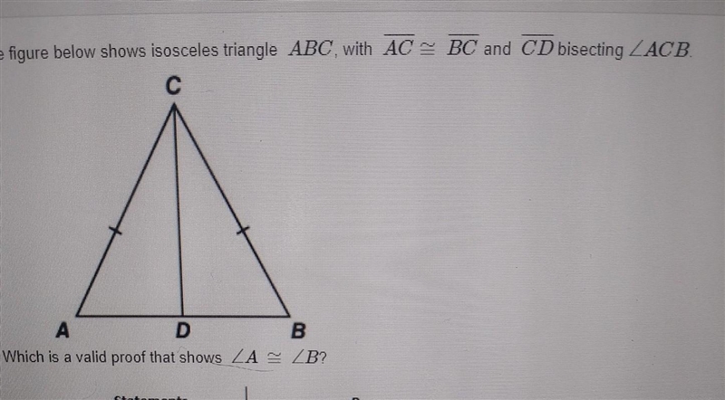 The figure below shows Isosceles triangle ABC, with AC =BC and CD bisecting-example-1