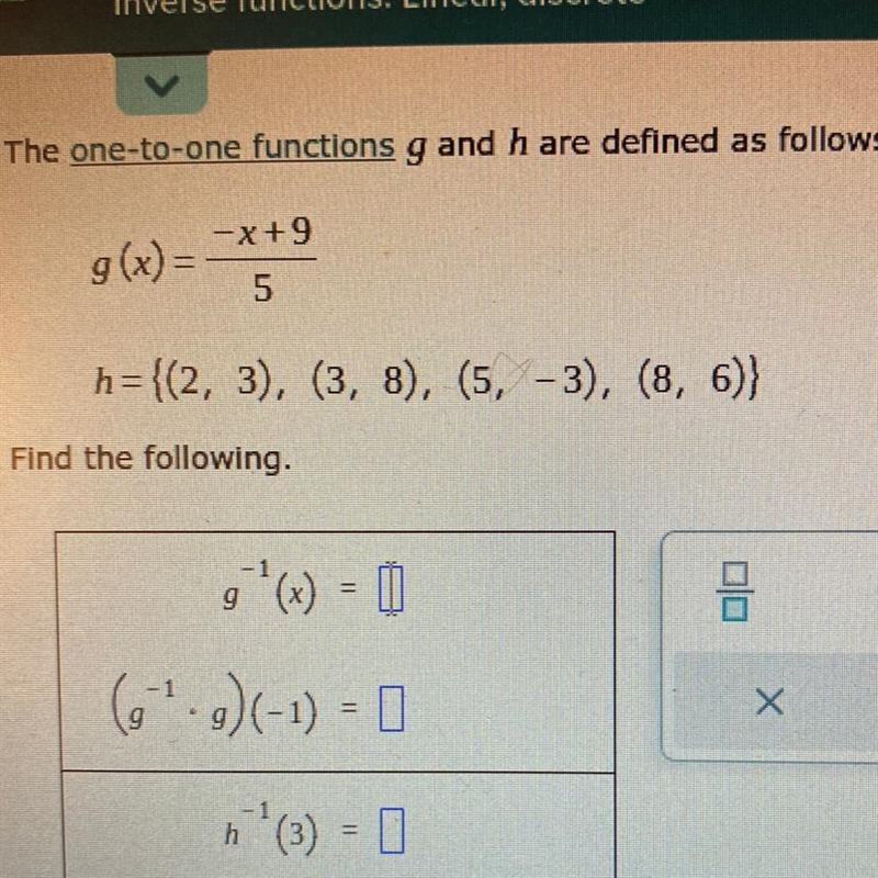 G(x) = -x+9 ———- 5 h= ((2, 3), (3, 8), (5, -3), (8, 6))-example-1